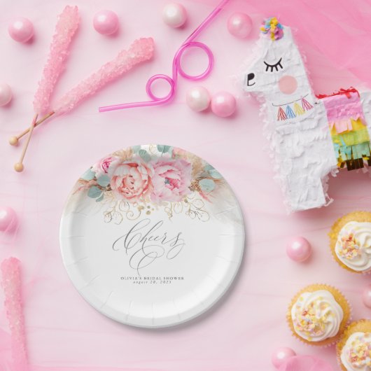 Roze Bloemen en Pampas Gras Proost Papieren Bordje (Feest)