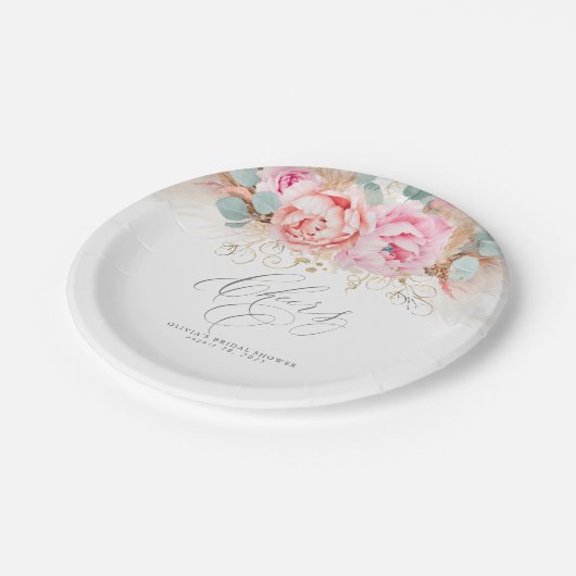 Roze Bloemen en Pampas Gras Proost Papieren Bordje (Gekanteld)