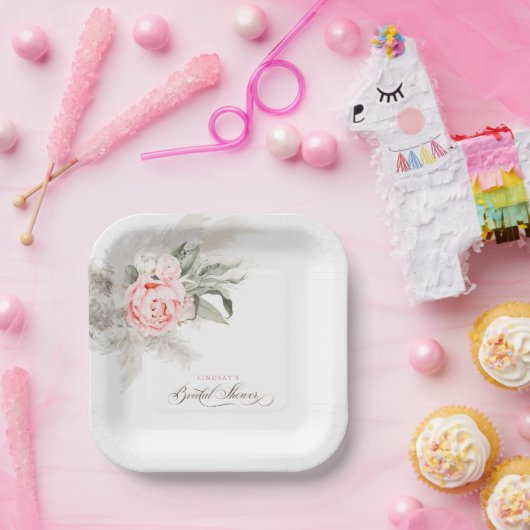 Roze bloemen en Pampas Grass Boho Vrijgezellenfees Papieren Bordje (Feest)