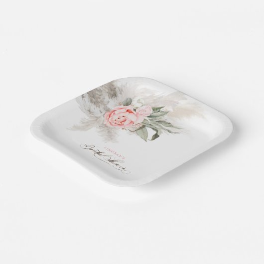 Roze bloemen en Pampas Grass Boho Vrijgezellenfees Papieren Bordje (Gebogen)