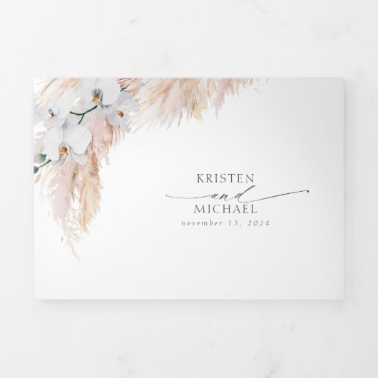 Roze bloemen en Pampas Grass Elegant Wedding Drieluik Uitnodiging (Cover)