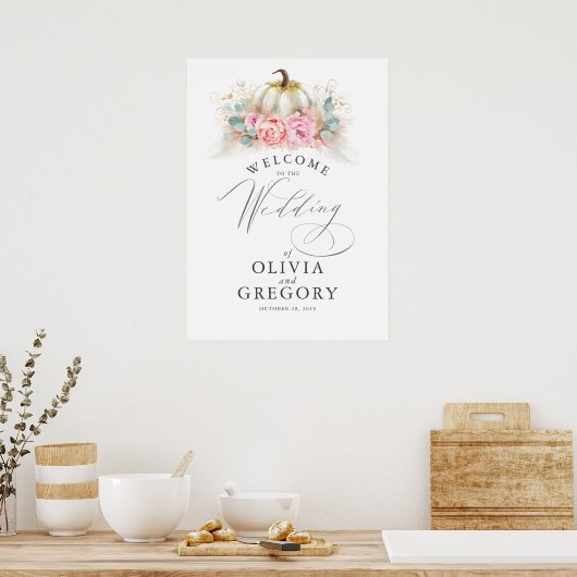 Roze bloemen en pompoenen WelkomstPoster Poster (Keuken)