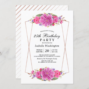 Roze bloemen en Roos Gold Geometric Birthday Party Kaart