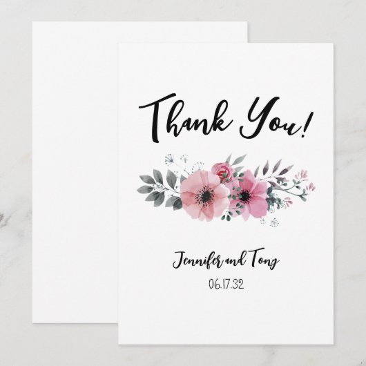 Roze Bloemen en Roos Huwelijk Dank Je Kaart (Voorkant / Achterkant)