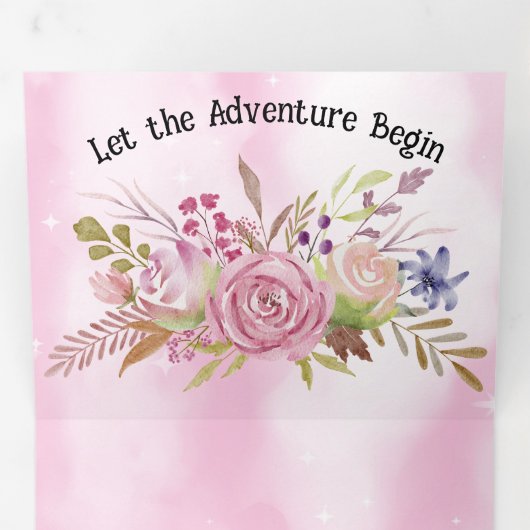 Roze bloemen en roze sterrenhemel drieluik uitnodiging (Binnenzijde eerst)