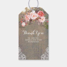 Roze Bloemen en Rustieke Houten Huwelijk Cadeaulabel