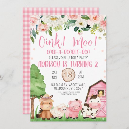 Roze Bloemen en Schuur Boerderij Verjaardagsuitnod Kaart (Voorkant / Achterkant)
