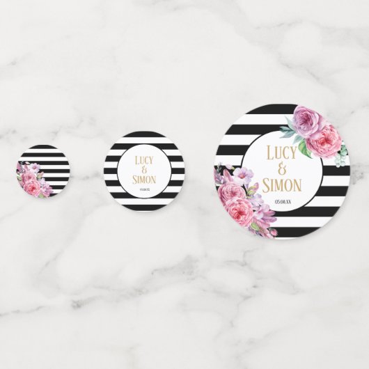 Roze Bloemen en Streep Viering Confetti (Voorkanten)