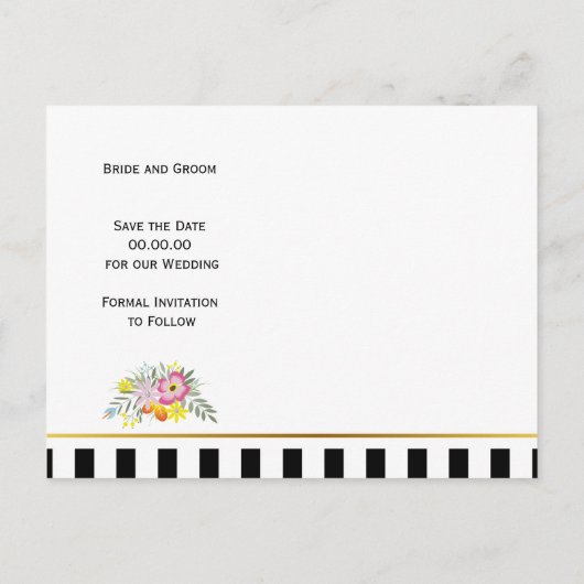 Roze bloemen en strepen bruiloft Bewaar de datum Aankondigingskaart (Achterkant)
