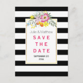 Roze bloemen en strepen bruiloft Bewaar de datum Aankondigingskaart (Voorkant)