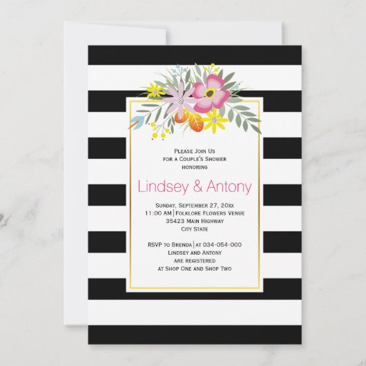 Roze bloemen en strepen, de douche van het bruilof kaart (Voorkant)