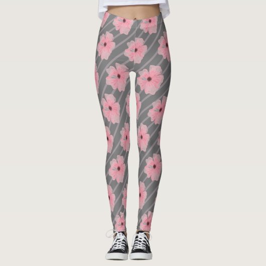 Roze Bloemen En Strepen Leggings (Voorkant)