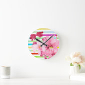  roze bloemen en strips ronde klok (Huis)