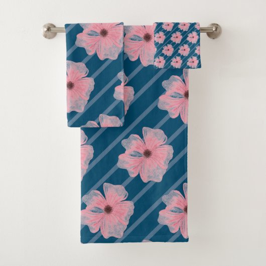 Roze bloemen en strips voor handdoekjes bad handdoek (Insitu)