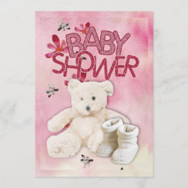 Roze bloemen en Teddybeer Babydoucheuitnodiging Kaart