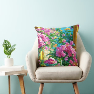 Roze Bloemen en Thee Bloemstuk Kussen