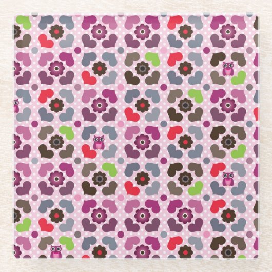 roze bloemen en uil glazen onderzetter (Voorkant)