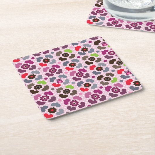 roze bloemen en uil kartonnen onderzetters (Schuin)