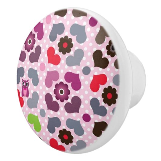 roze bloemen en uil keramische knop (Rechts)