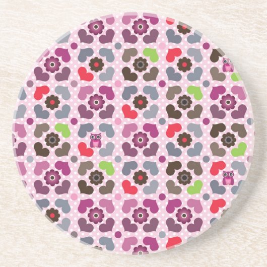 roze bloemen en uil zandsteen onderzetter (Voorkant)