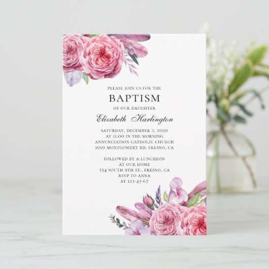 Roze bloemen en veren. Boho bloemendoop Kaart (Staand voorkant)