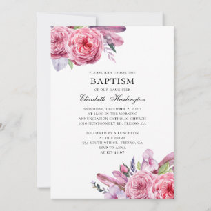 Roze bloemen en veren. Boho bloemendoop Kaart