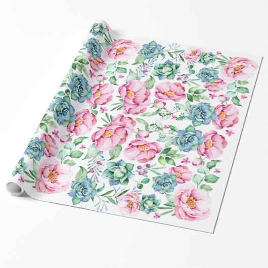 Roze bloemen en vetplanten botanische waterverf cadeaupapier (Uitgerold)