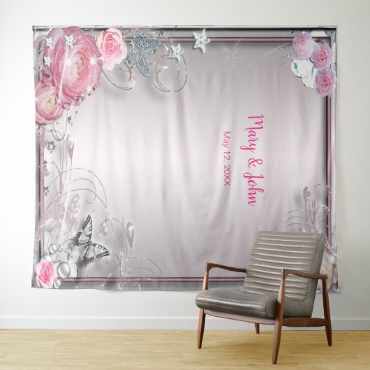 Roze bloemen- en vlinder-achtergrond voor een brui wandkleed (In Situ (horizontaal))