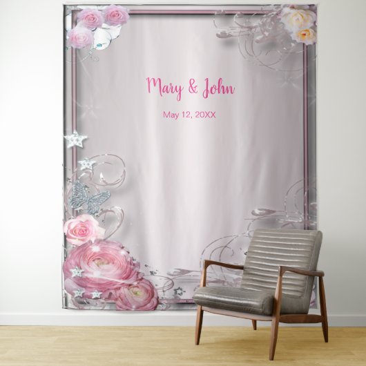 Roze bloemen- en vlinder-achtergrond voor een brui wandkleed (In situ)