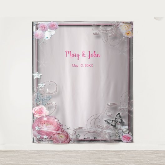 Roze bloemen- en vlinder-achtergrond voor een brui wandkleed (Voorkant)