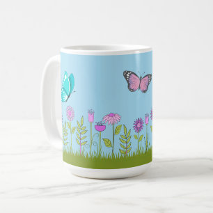 Roze bloemen en vlinder all-over print koffiemok