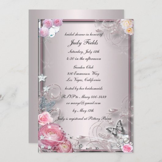 Roze Bloemen en Vlinder Bruids Douche Uitnodiging (Voorkant / Achterkant)