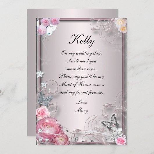 Roze Bloemen En Vlinder Bruidsmeisje Kaart (Voorkant / Achterkant)