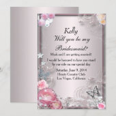 Roze bloemen- en vlinder bruidsmeisjeskaart kaart (Voorkant / Achterkant)