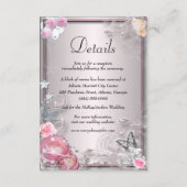 Roze bloemen en vlinder bruiloft details informatiekaartje (Voorkant)
