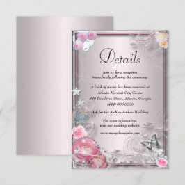 Roze bloemen en vlinder bruiloft details informatiekaartje
