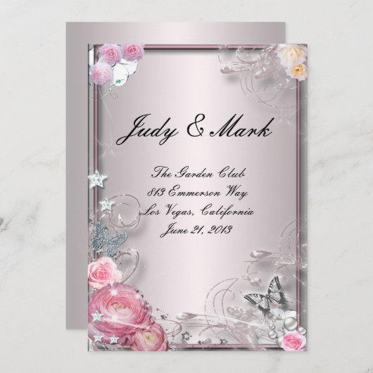 Roze Bloemen en Vlinder Bruiloft Menu Kaart (Voorkant / Achterkant)