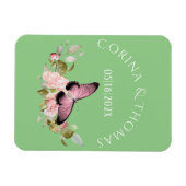Roze bloemen en vlinder op groen huwelijk magneet (Horizontaal)