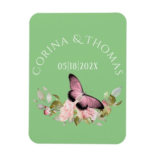Roze bloemen en vlinder op groen huwelijk magneet (Verticaal)