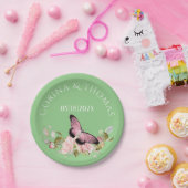 Roze bloemen en vlinder op groen huwelijk papieren bordje (Feest)