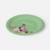 Roze bloemen en vlinder op groen huwelijk papieren bordje (Gekanteld)
