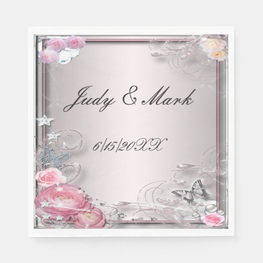 Roze bloemen en vlinder papieren servetten (Voorkant)