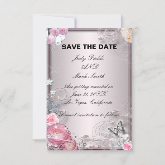 Roze Bloemen en Vlinder Save The Date Kaart (Voorkant)