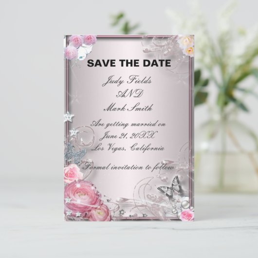 Roze Bloemen en Vlinder Save The Date Kaart (Staand voorkant)