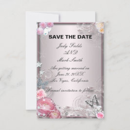 Roze Bloemen En Vlinder Save The Date Kaart