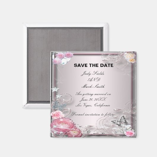 Roze bloemen en vlinder sparen de datummagneet magneet (Voorkant / Achterkant)