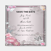 Roze bloemen en vlinder sparen de datummagneet magneet (Voorkant)