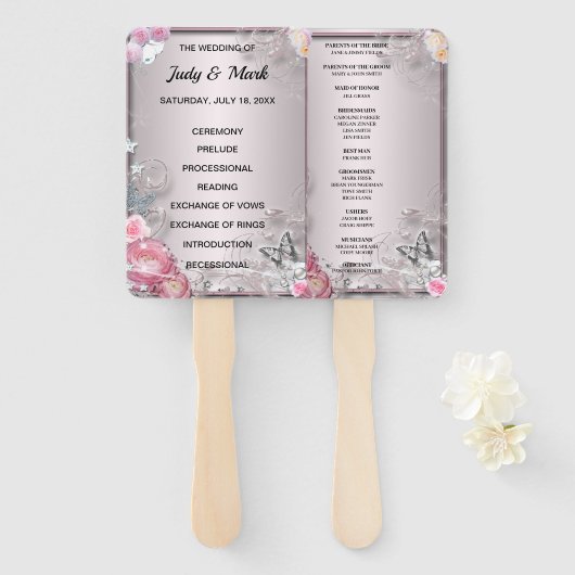 Roze Bloemen en Vlinder Trouwprogramma Handwaaier (Voorkant en achterkant)