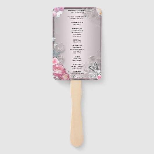 Roze Bloemen en Vlinder Trouwprogramma Handwaaier (Achterkant)