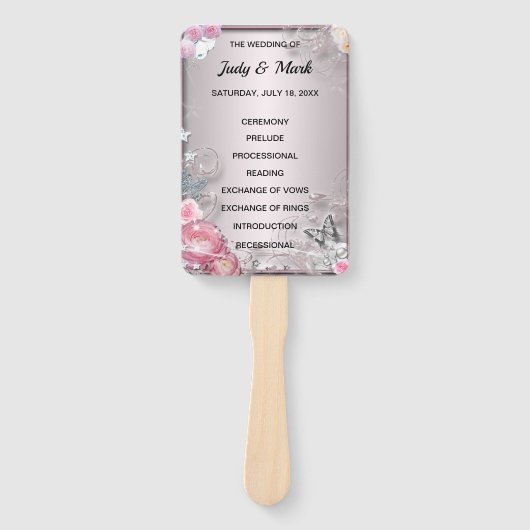 Roze Bloemen en Vlinder Trouwprogramma Handwaaier (Voorkant)
